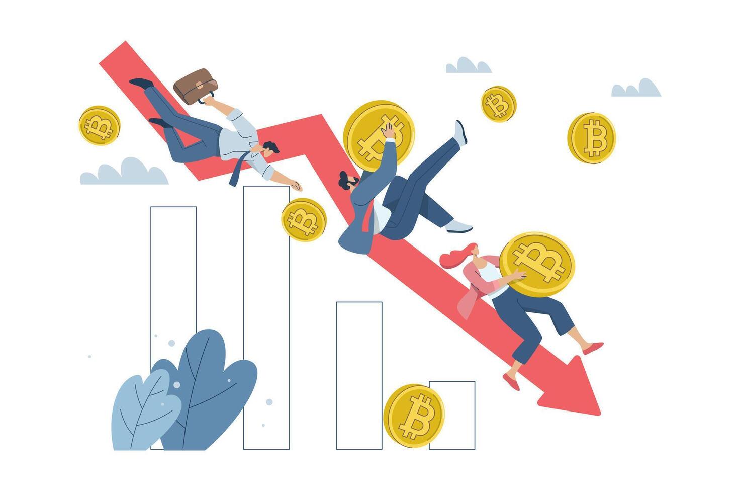 Crypto price falls, The value of cryptocurrencies continue to falling, Risk in trading markets, Investors hold bitcoins and other coins depreciate as the red arrow, Flat design illustration. vector