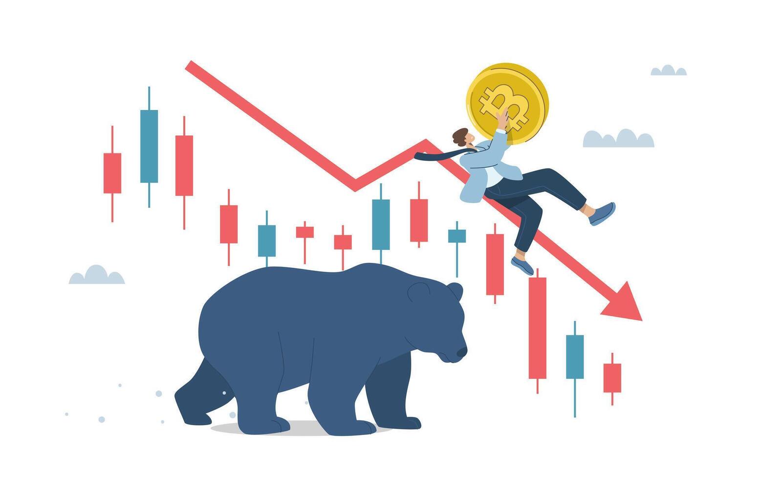 Bitcoin bear market price is down, Cryptocurrency market price is falling sharply, Market volatility, Investment risk, Investors holding Bitcoin coins falling according to the red arrow, . vector