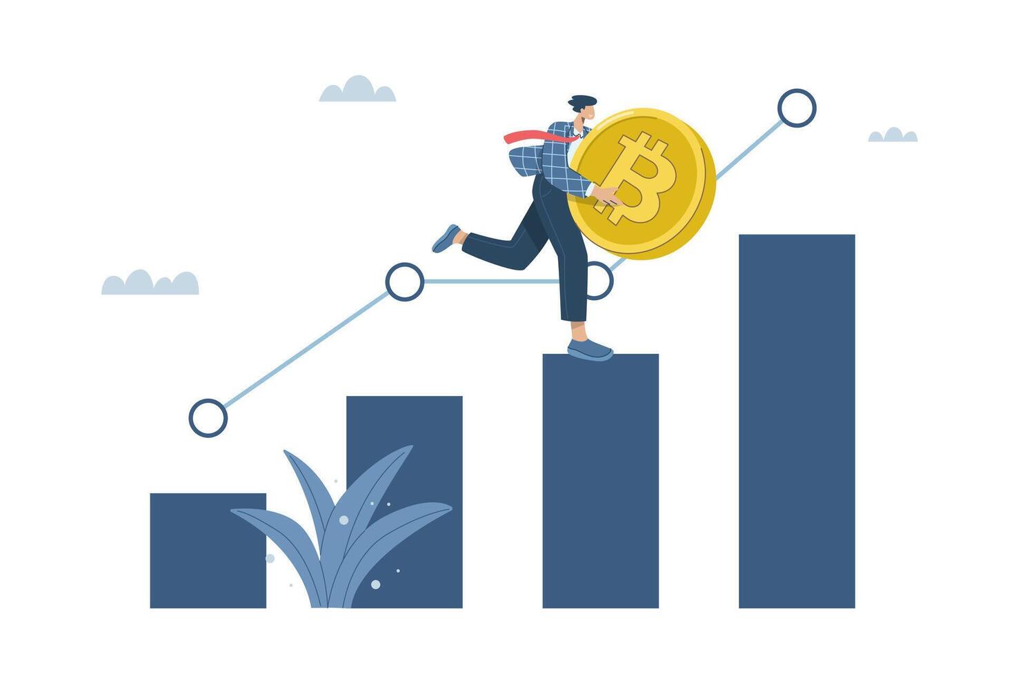 Male investor holding Bitcoin coin running on high growth bar graph, The growth of the price of cryptocurrency, Increasing graph of the value of virtual currency, Crypto market growth climb chart. vector