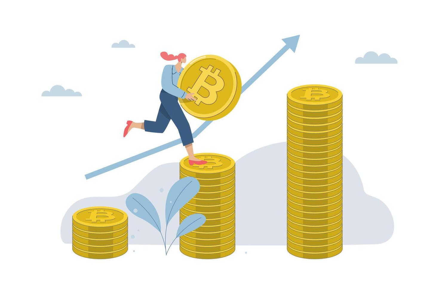 Female investor holding bitcoins running on a stack coins, The growth of the price of cryptocurrency, Increasing graph of the value of virtual currency, Crypto market growth climb chart. . vector