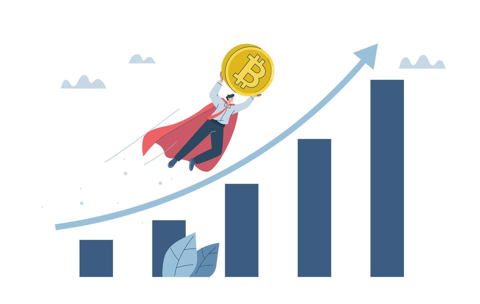The growth of the price of cryptocurrency, Bitcoin, Increasing graph of the value of virtual currency, Blockchain tech, Crypto market growth climb chart, Investor man holding Bitcoins flying high. vector