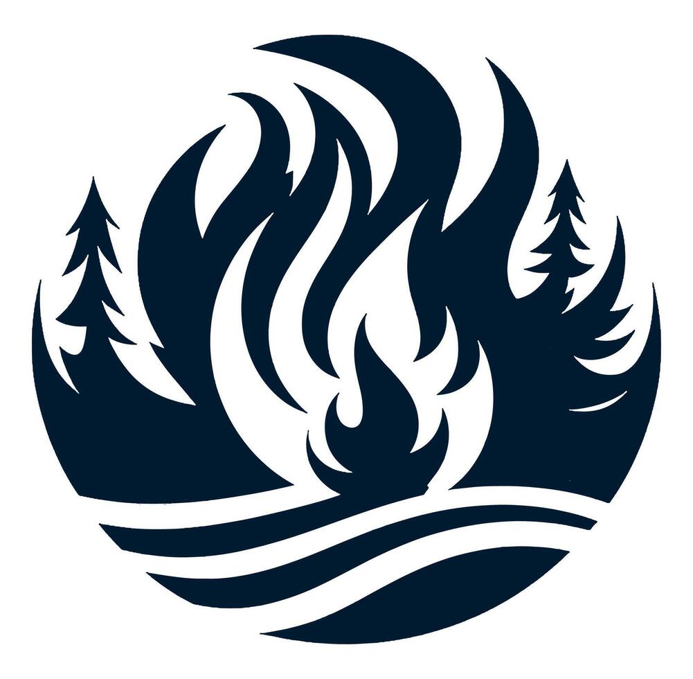 Black and white logo with a fire and trees vector