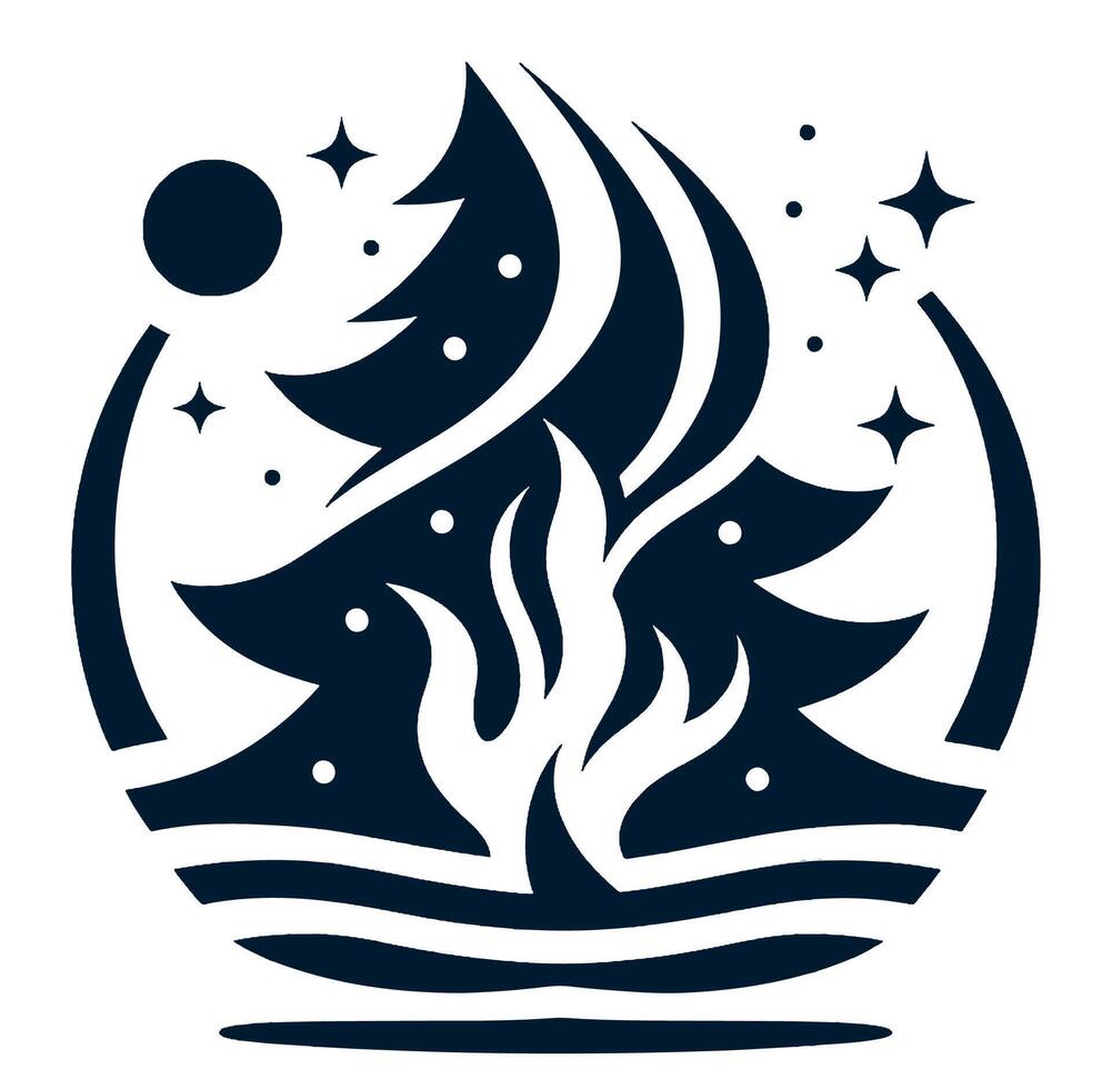 A black and white logo with a tree and fire vector