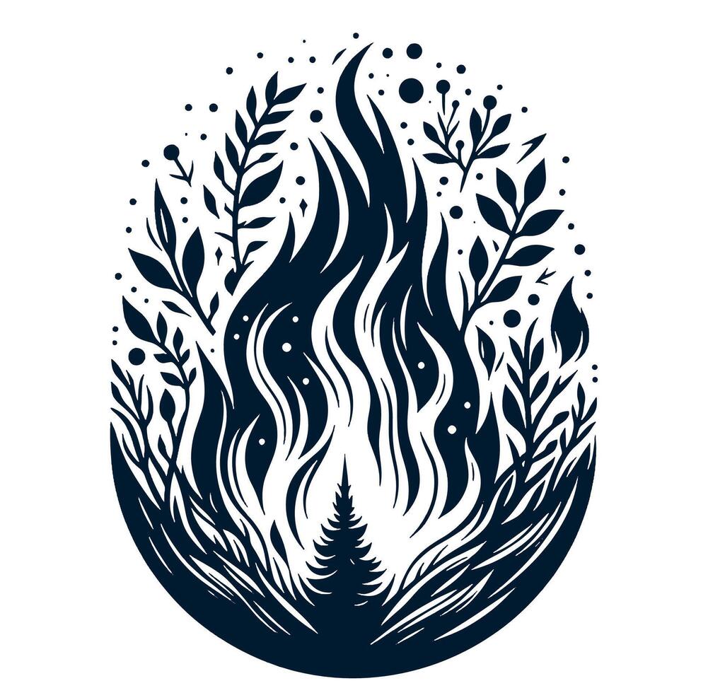 A black and white illustration of a fire and trees vector