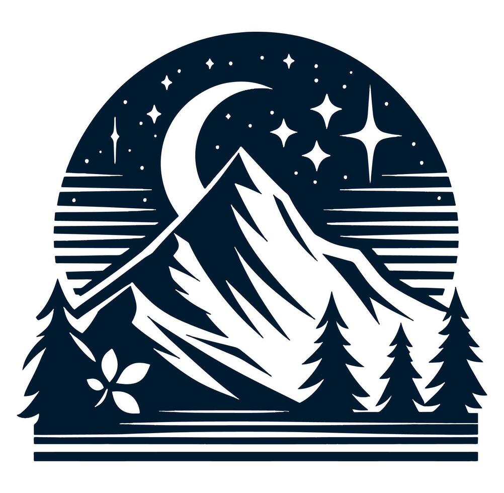 Mountain with trees and a moon in the sky vector