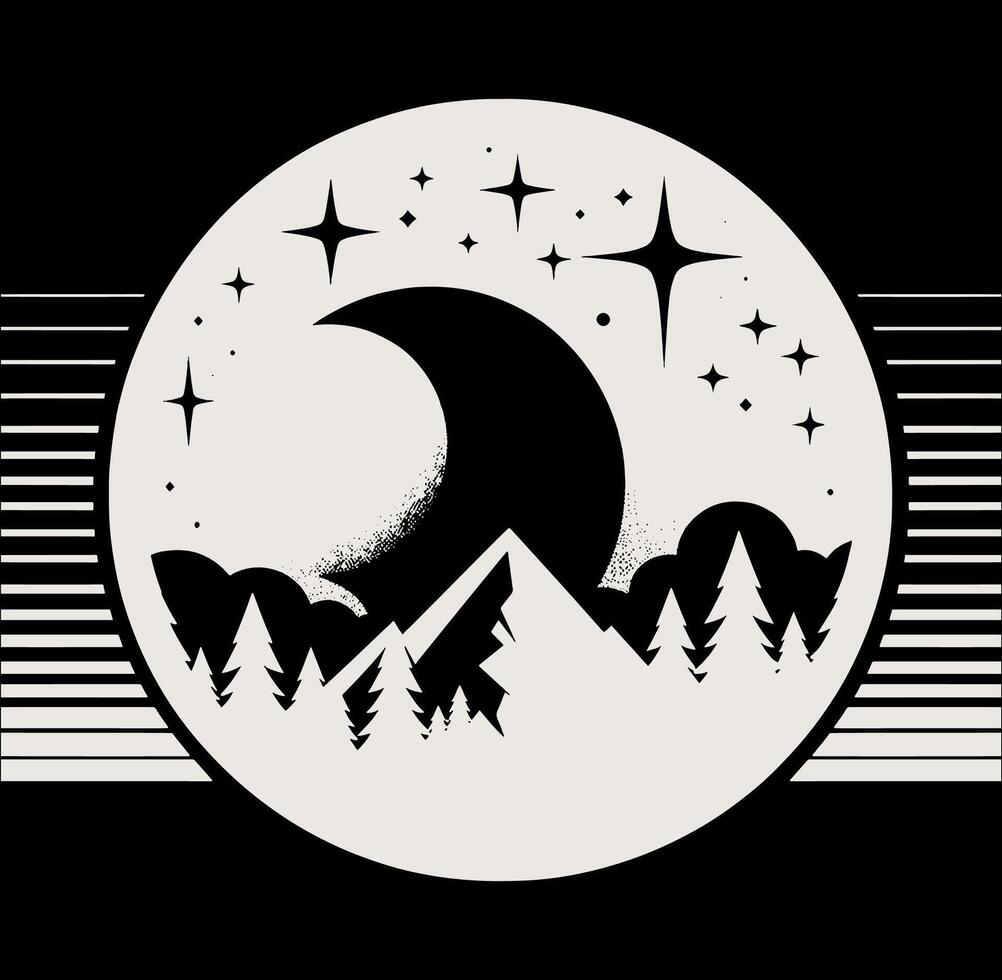 A black and white logo with a moon and trees vector