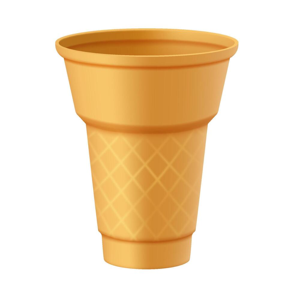 Detailed illustration of an empty waffle cone cup on a white background. Cup features a grid pattern resembling a classic ice cream cone design and has a wide, open top. vector
