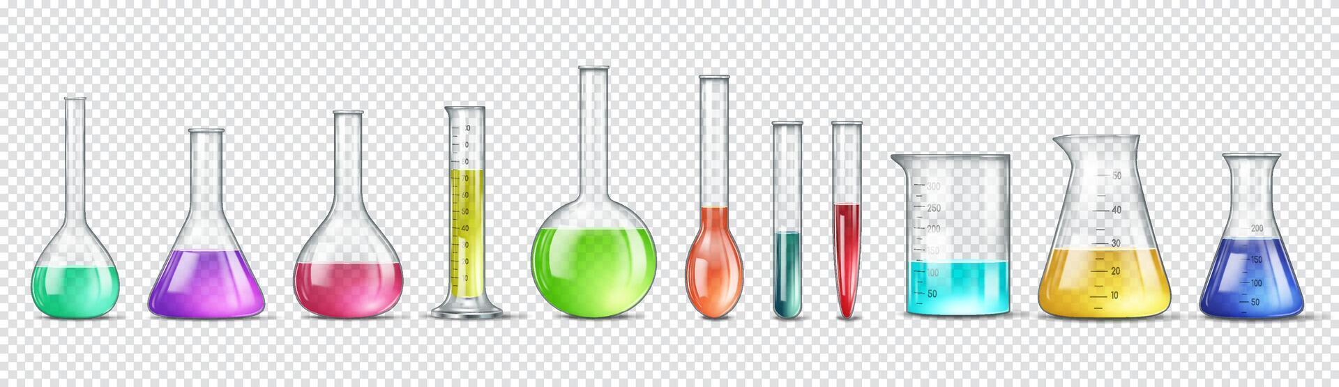 Collection of various laboratory glassware filled with colorful liquids placed against a background representing scientific research and experimentation. vector