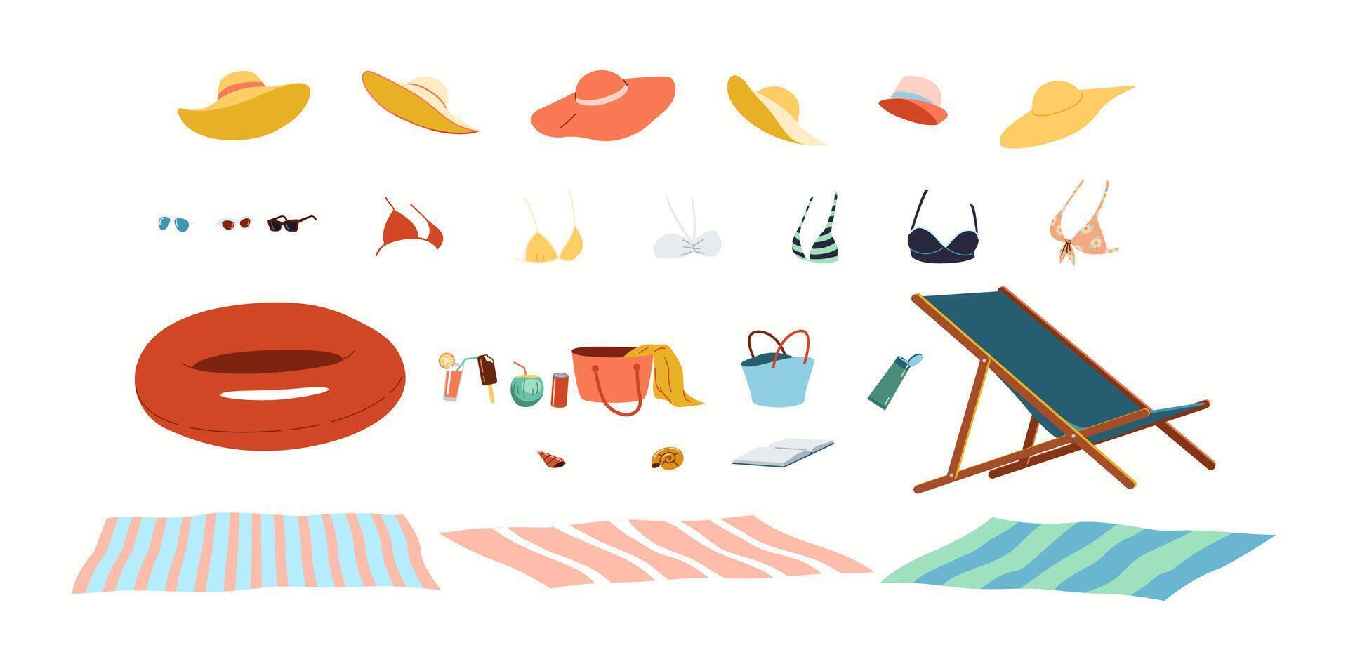 Illustration showcasing various beach items including hats, swimwear, sunglasses, and accessories like chairs and bags, ideal for summer vacations. vector