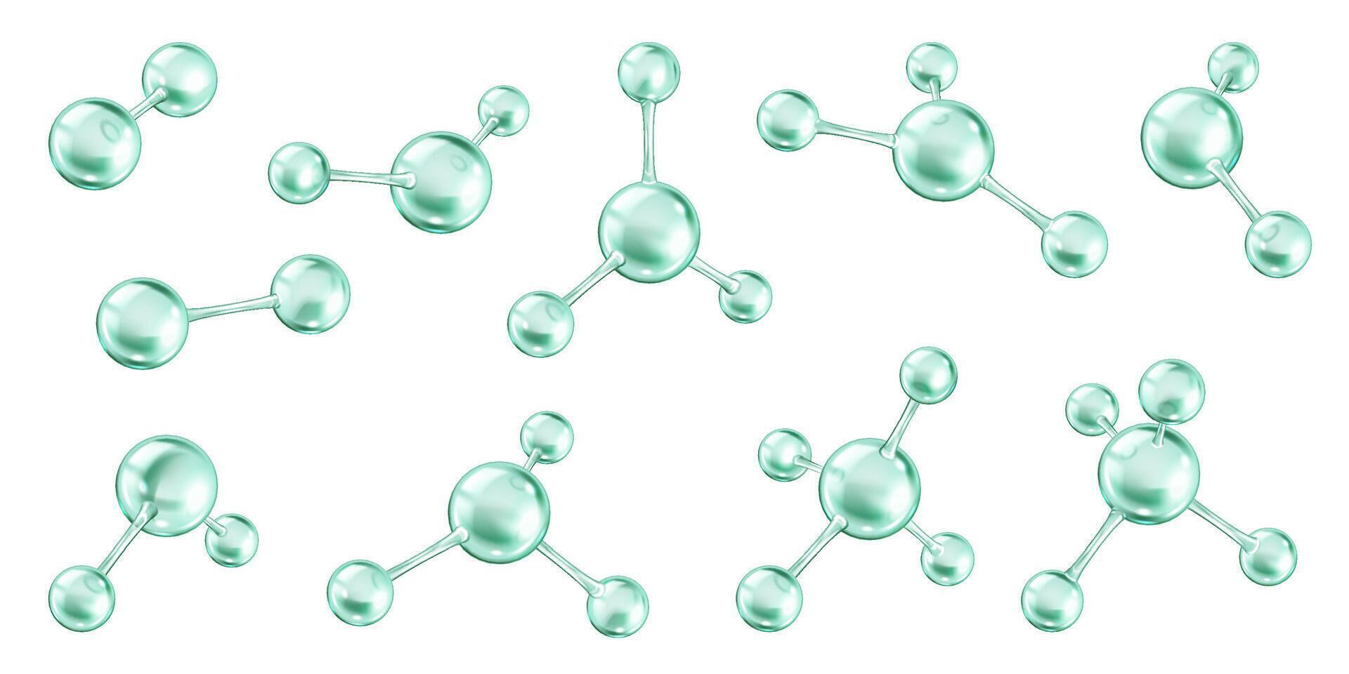 Molecular collagen structure realistic color icons set. Interconnected atomic bonds scientific skincare treatments 3d objects bundle on white vector