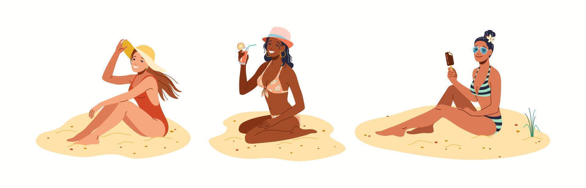 Illustration of three women sitting on sand at beach. They are enjoying summer by drinking beverages and eating ice cream while wearing swimsuits and sunglasses. vector