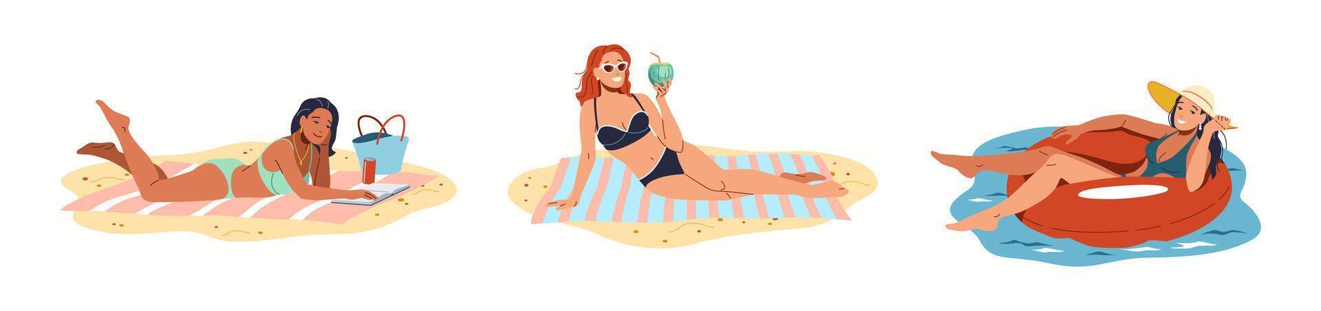 Illustration of three women enjoying leisure time at the beach. One reads a book, another drinks from a coconut, and the last one floats on water with a hat. vector