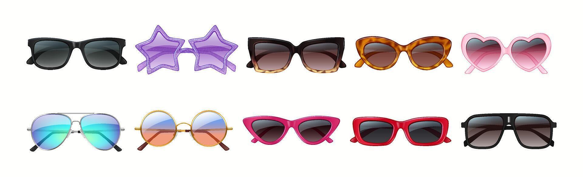 A diverse collection of sunglasses featuring an array of frame designs, including star and heart shapes, in multiple colors, showcasing style and fashion trends. vector