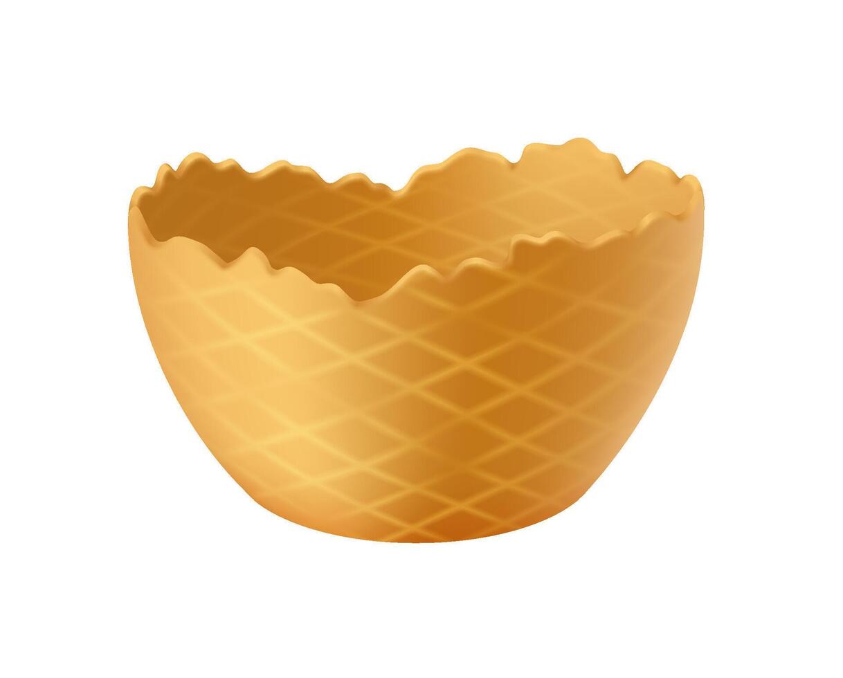 Illustration of an empty waffle bowl featuring a crisscross pattern. Ideal for serving ice cream or other desserts. The bowl showcases a light brown hue and textured detail. vector