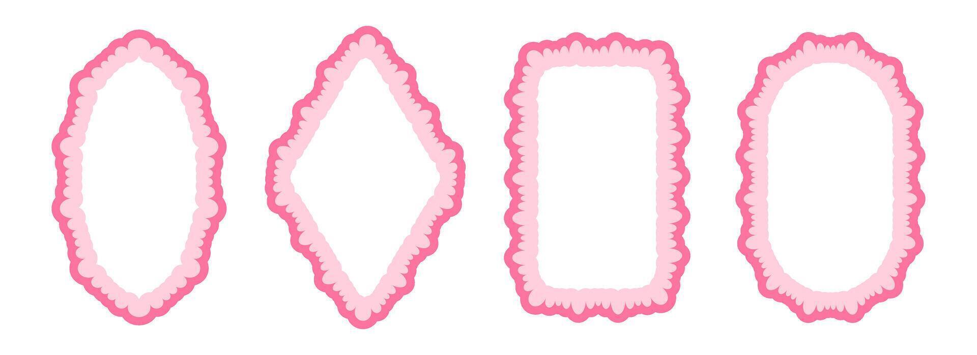 Cute frill pattern frame set. Pink scalloped ellipse and rectangle border collection. Wavy lace edge shape in rococo style for decoration, poster, banner. Girly coquette element pack. vector