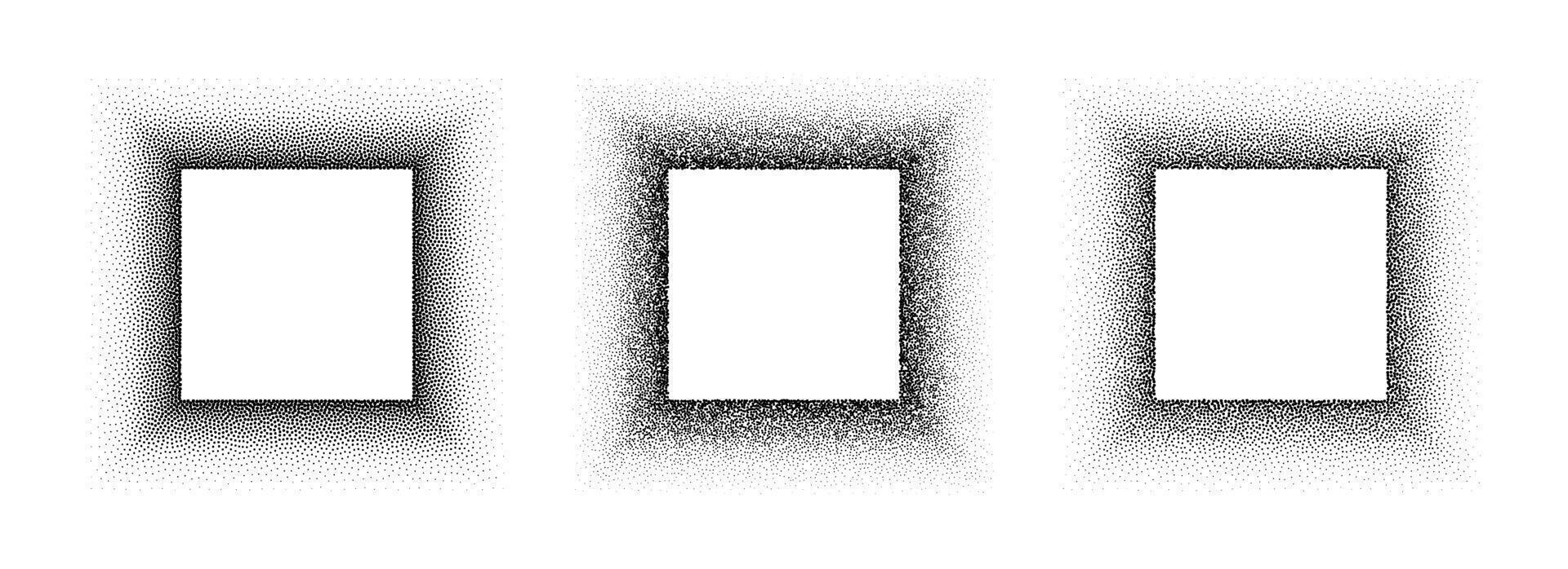 Black stippled square frame set. Dotted gradient border collection. Rectangle picture holders for banner template, copy space, collage, emblem, poster, box. Frame element bundle vector