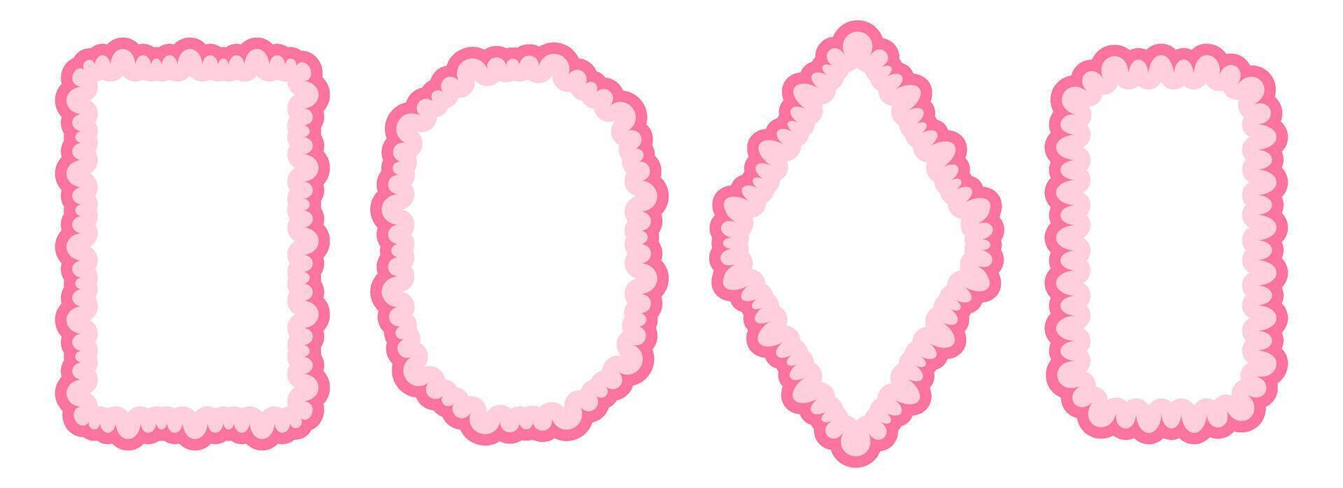 Cute frill pattern frame set. Pink scalloped ellipse and rectangle border collection. Wavy lace edge shape in rococo style for decoration, poster, banner. Wiggly coquette element pack vector