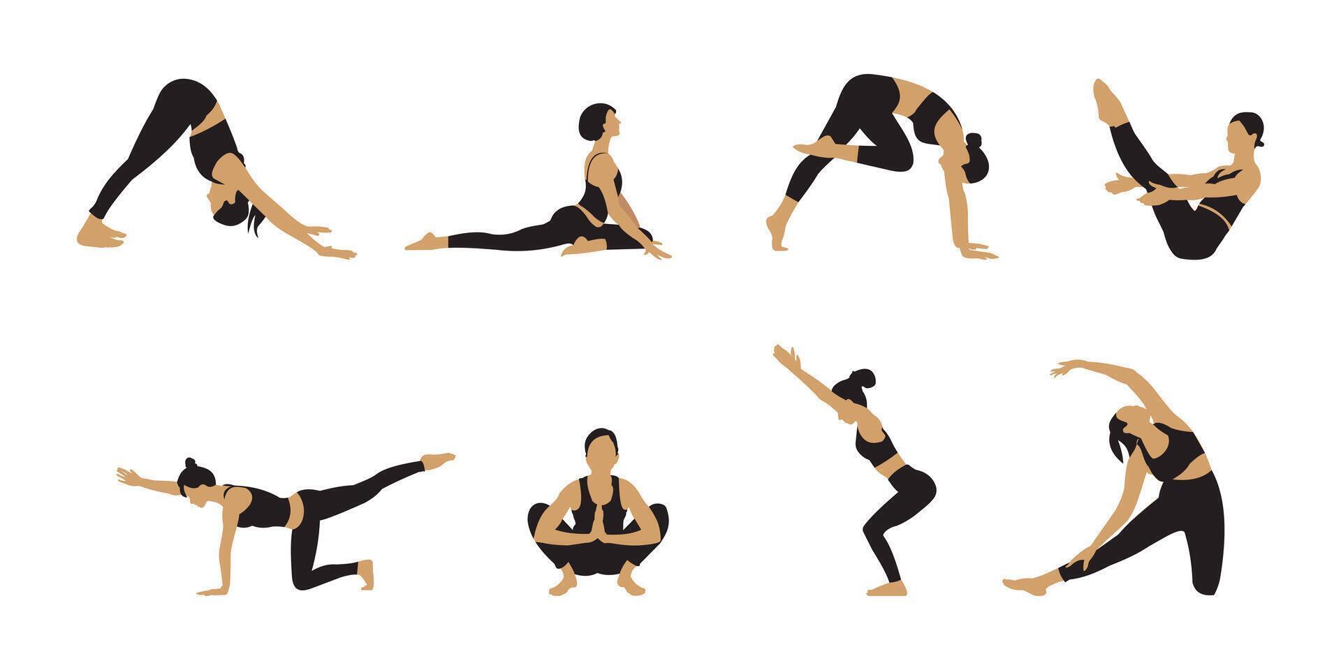 Set of slim sportive young woman doing yoga and fitness exercises. Healthy lifestyle. Collection of female cartoon characters demonstrating various yoga positions isolated on white background vector