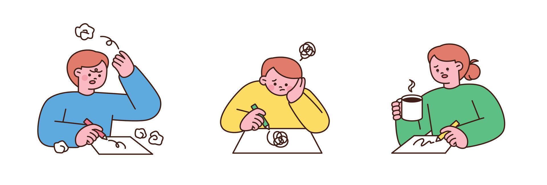 Cute flat style illustrations of struggling artists with creative block. People thinking hard, feeling stuck, and drinking coffee while writing or drawing. vector