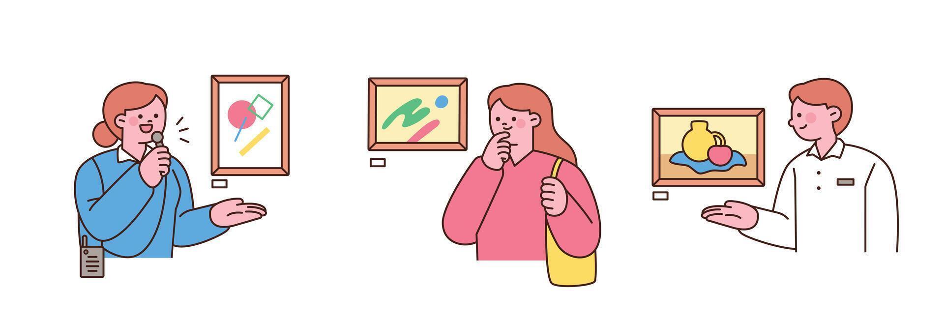 Flat style illustrations of people visiting an art gallery, appreciating paintings, and explaining artworks. Perfect for culture, museum, and education themes. vector