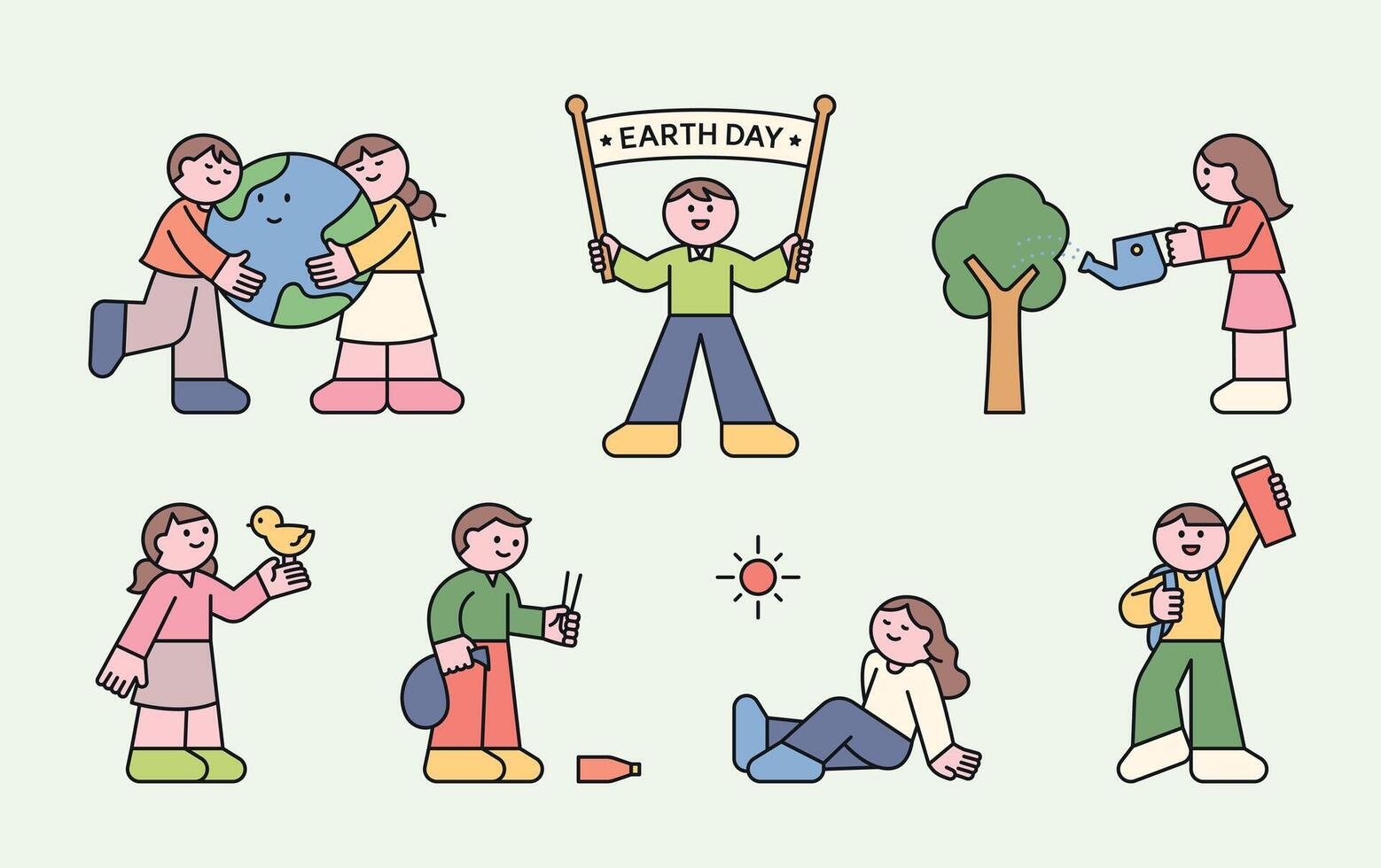 Cute flat style illustrations of children celebrating Earth Day, protecting nature, planting trees, recycling, and enjoying the outdoors. Eco-friendly concept. vector