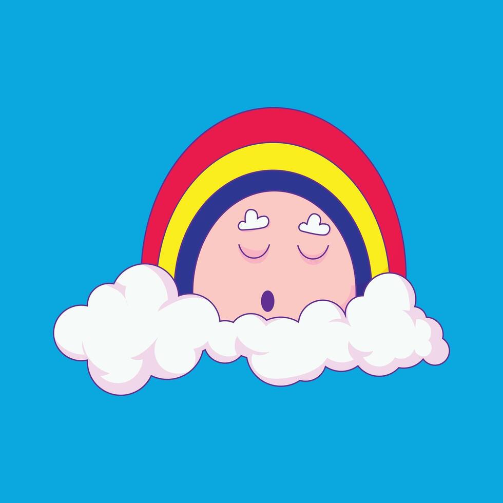 Adorable sleeping rainbow resting between fluffy clouds in a cute and dreamy style, perfect for nature themes vector