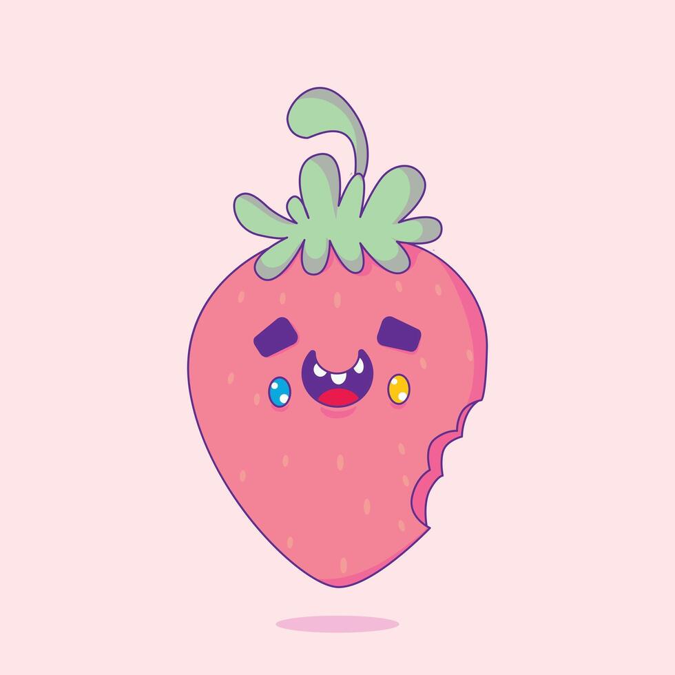 Cute bitten strawberry with a happy expression in a fun and playful style, perfect for fruit-themed designs vector