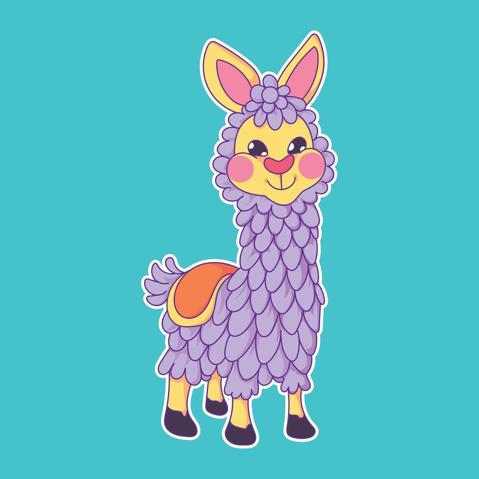 Adorable kawaii alpaca with fluffy purple fur, standing happily in a cute cartoon style, perfect for kids. vector