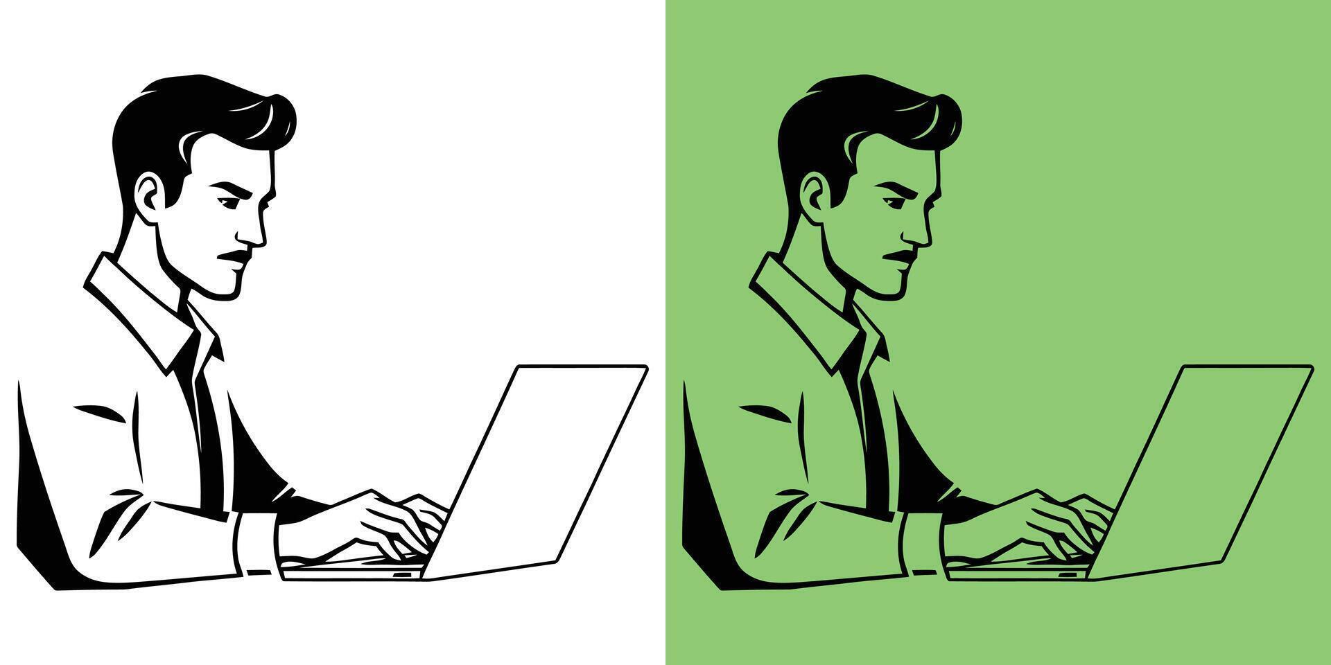 Illustration of serious office worker using laptop, Illustration featuring a freelancer or startup worker sitting at desk with laptop, designed for creative professionals vector