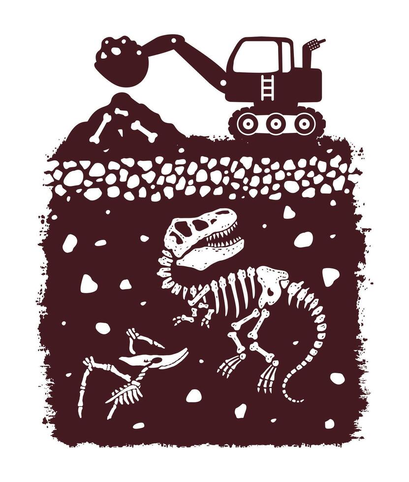 Monochrome illustration of accidental paleontological excavation. Art in childish and comical style. vector
