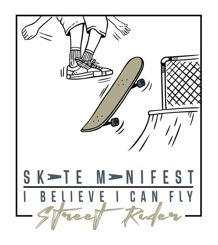 Illustration in simple lines of a skateboarder doing a trick on a ramp. Art for printing on t-shirts, decoration, etc. vector