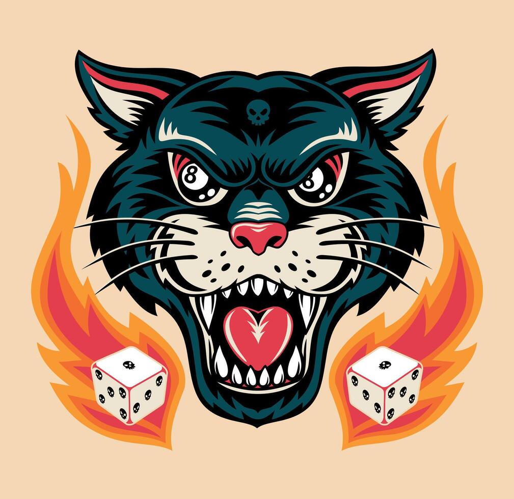 Stylized black panther illustration with billiard balls in eyes and dice on fire. Old tattoo style art. vector