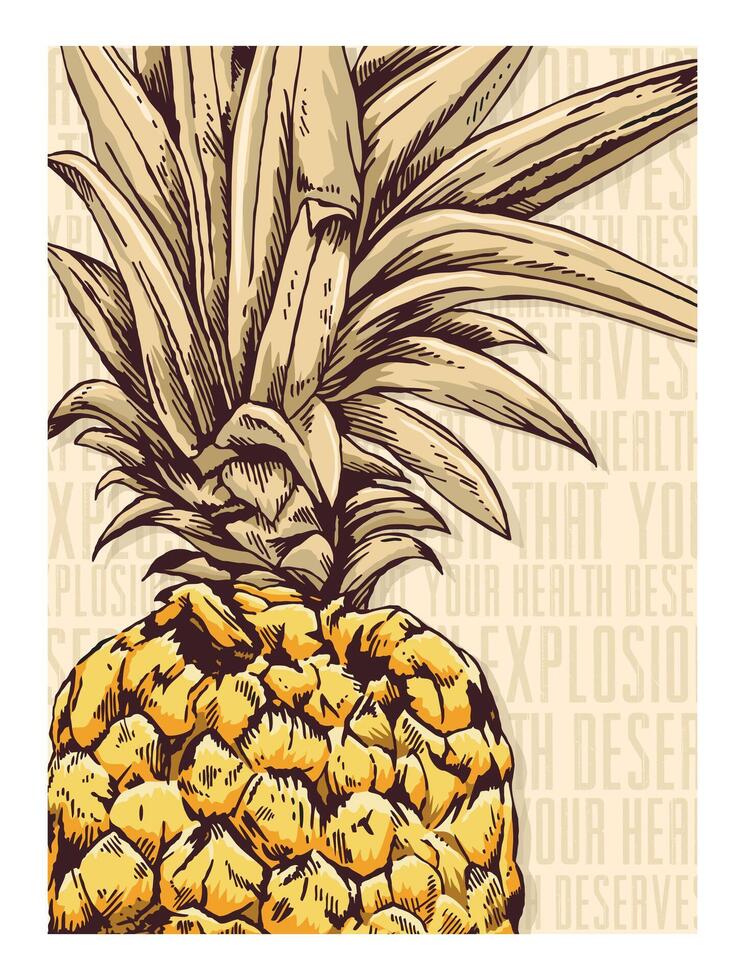 Close-up pineapple illustration. Artwork with text in the background. vector