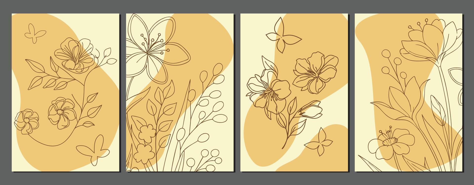 collection of floral outline with soft cream background, floral outline minimalist assets vector