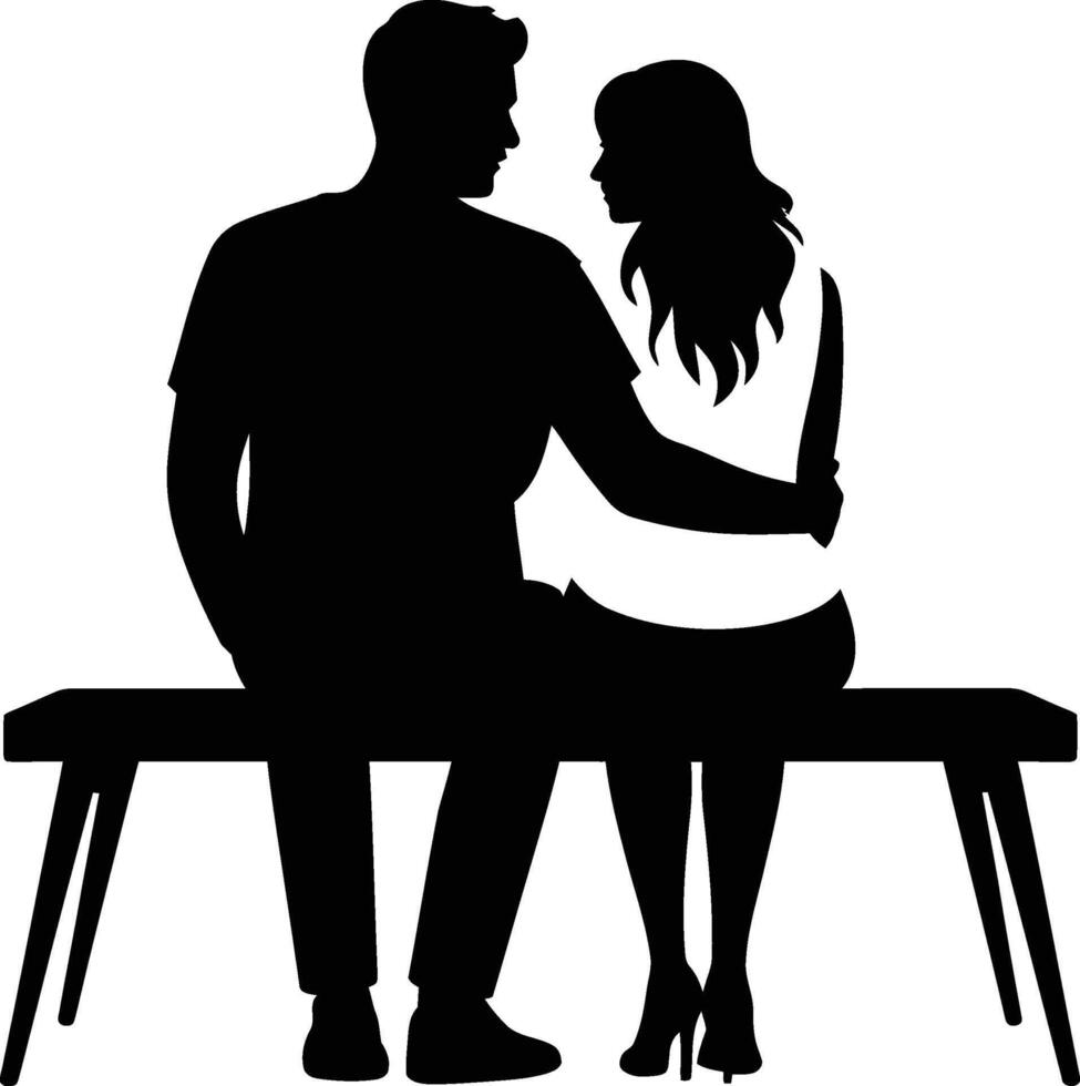 Silhouette of a Loving Couple Sitting on a Bench in a Romantic Moment vector