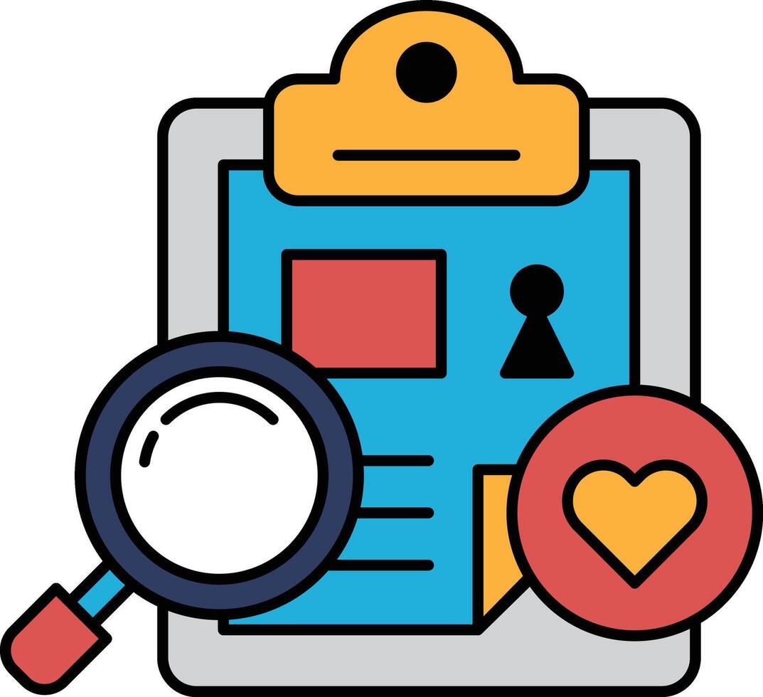 A blue and yellow clipboard with a magnifying glass on it vector