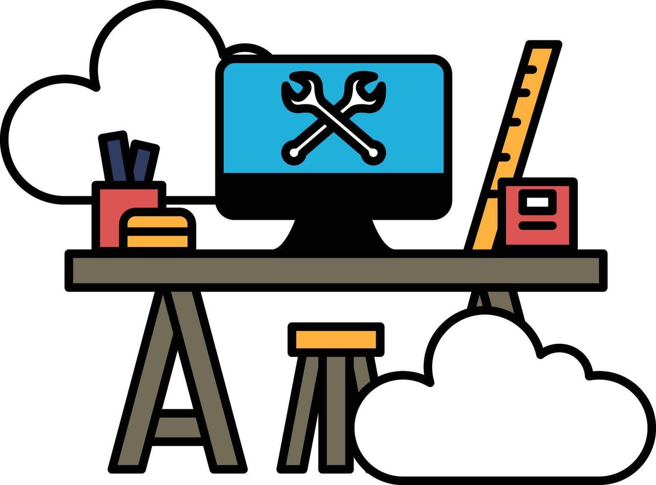 A computer desk with a computer monitor and a ruler vector