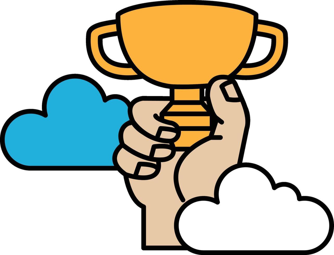 A hand holding a trophy with clouds in the background vector