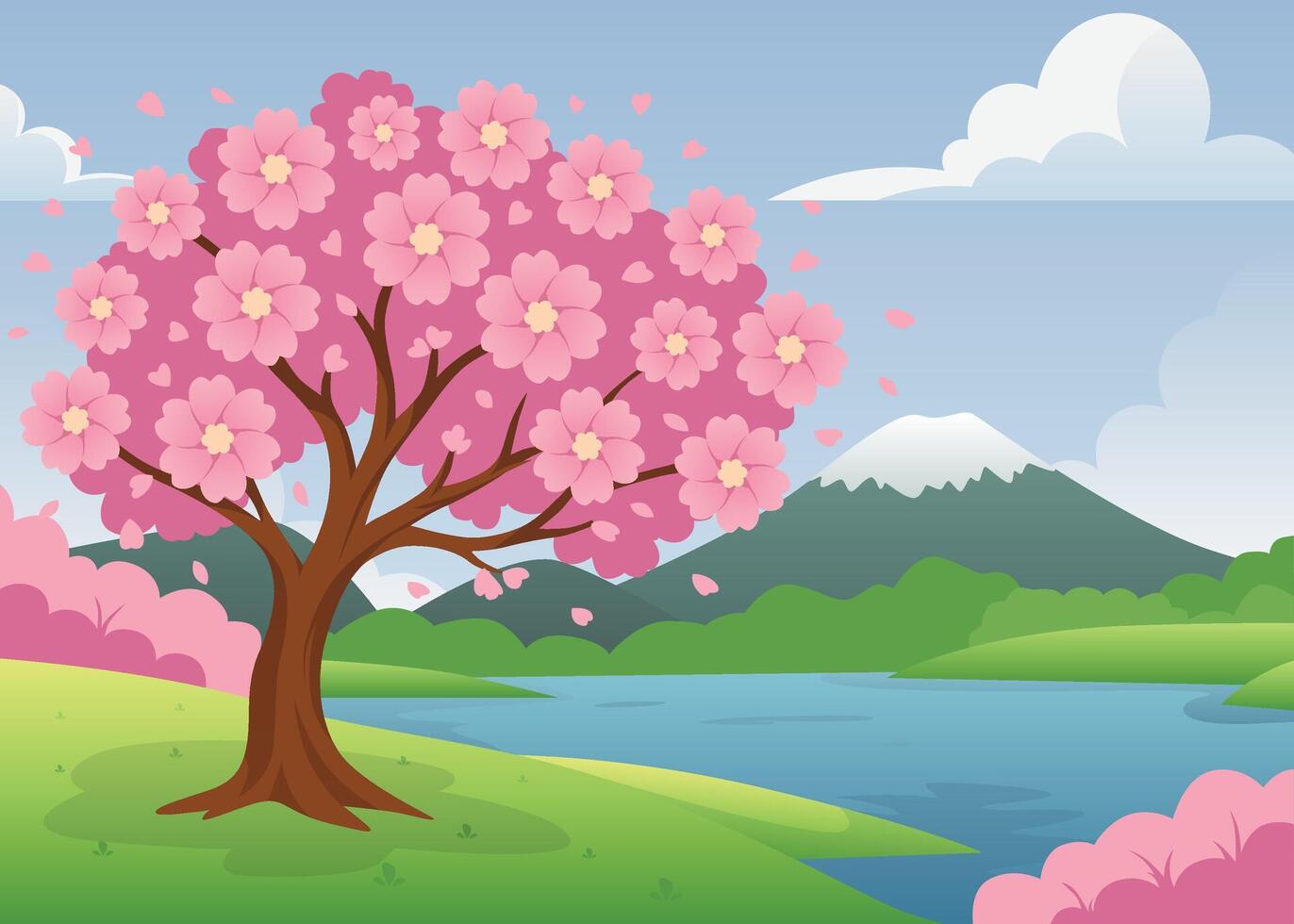 Cherry Blossom Sakura Tree Landscape Scene with Mount Fuji Flat Illustration vector