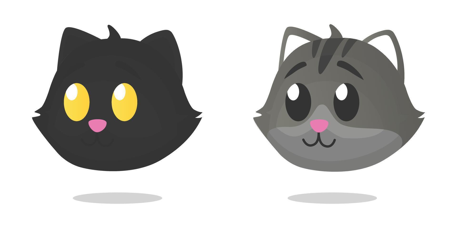 Set of two Cat head black and grey color in flat art free design illustration cute simple style. Perfect for animal or kid asset template sticker and books cover vector