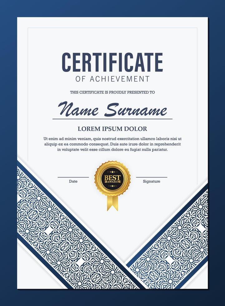Blue achievement certificate best award diploma design vector