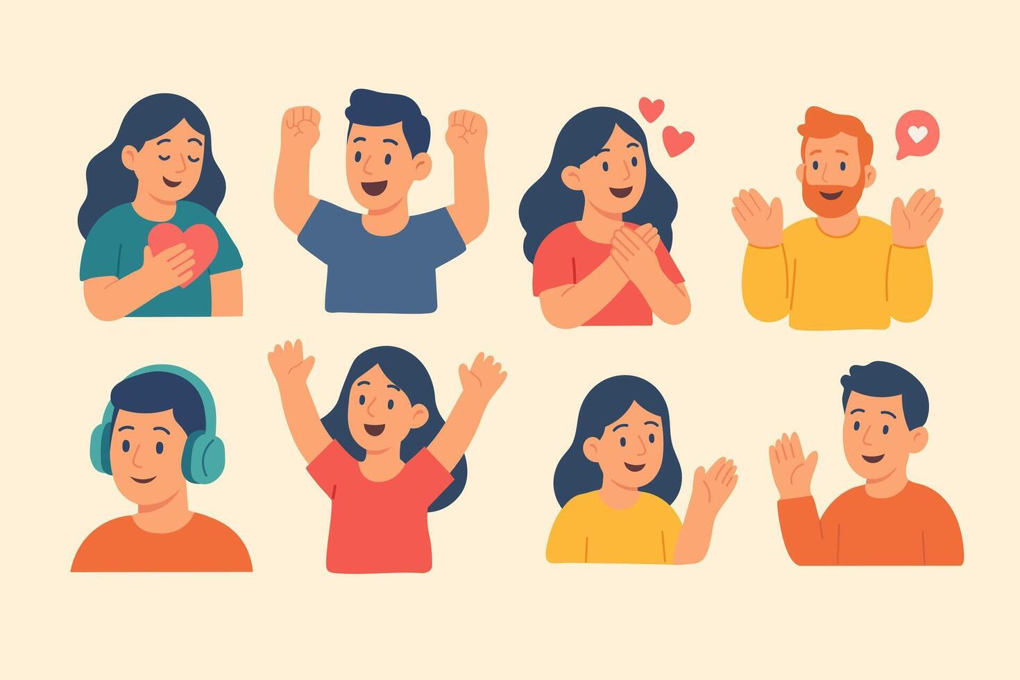 WebCartoon character icons showing happiness, love, joy, waving and expressive emotional reactions. vector