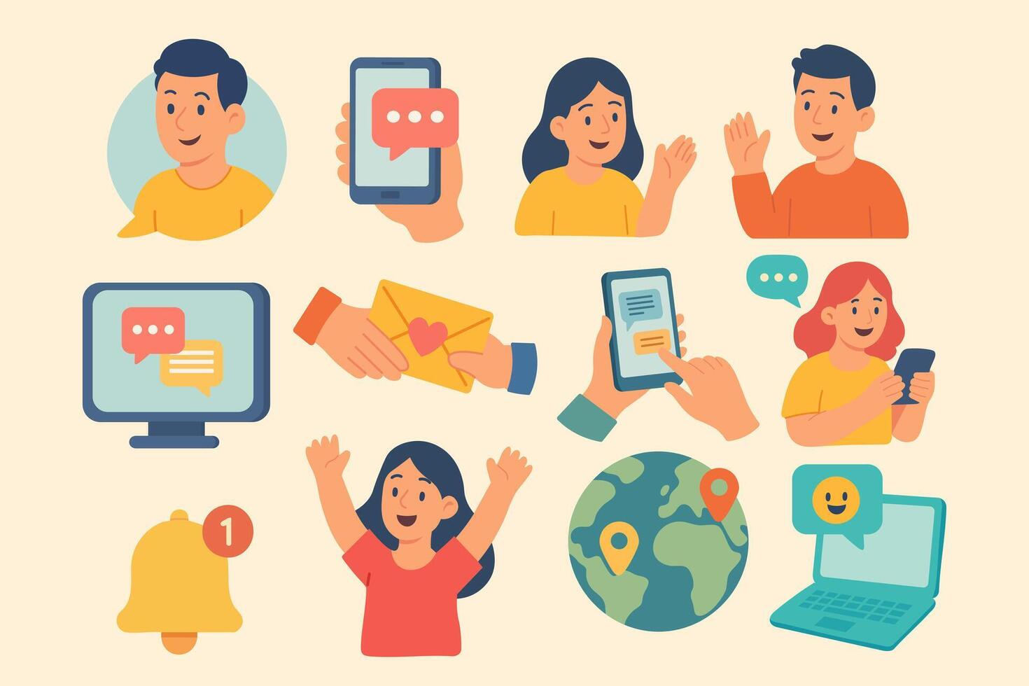 Colorful flat cartoon icons about chatting, messaging, online talks and global digital communication. vector