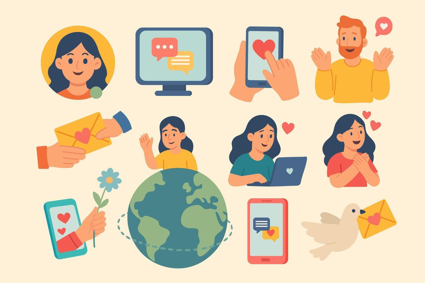 Cute cartoon icons about online love, emotional messages, support, connection and global friendship. vector