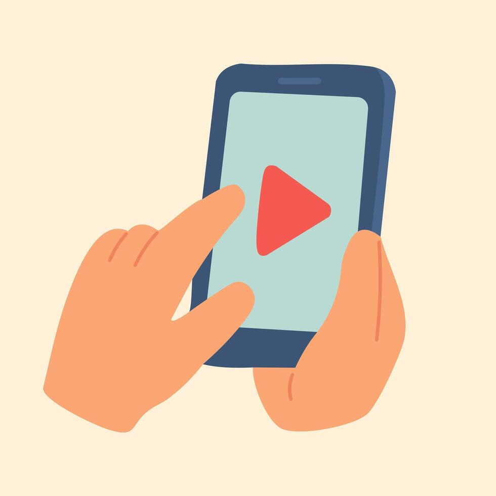 Flat of hands holding phone with play button, symbolizing content, streaming, and digital media. vector