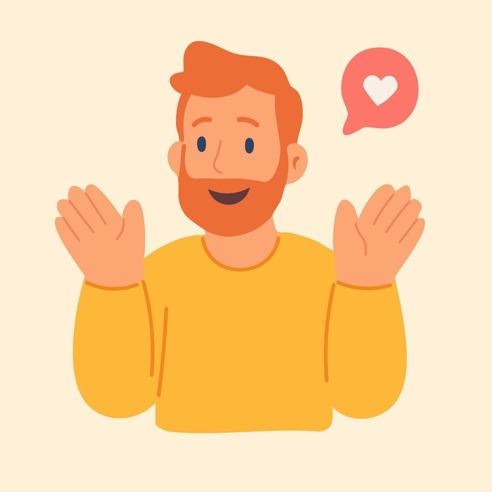 Flat of cheerful bearded man with raised hands and heart bubble, showing friendliness and care. vector