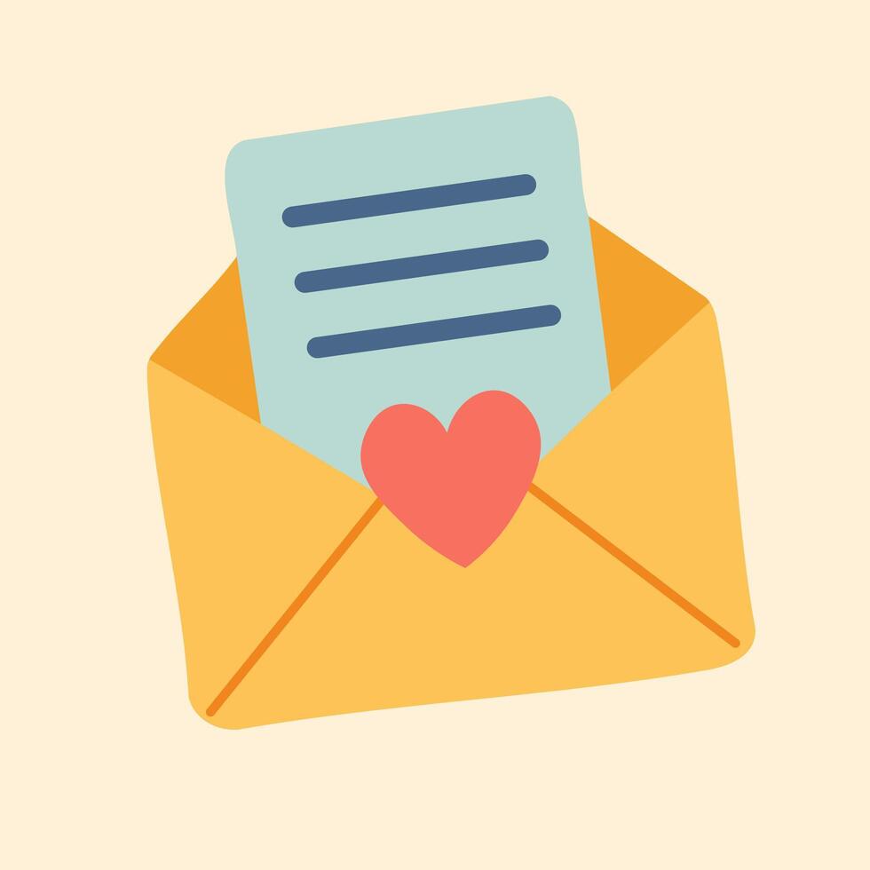 Flat of opened envelope with heart and message symbolizing love, care, and communication. vector