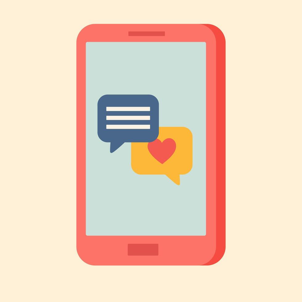 Flat of smartphone screen with love and message icons, symbolizing online communication and connection. vector