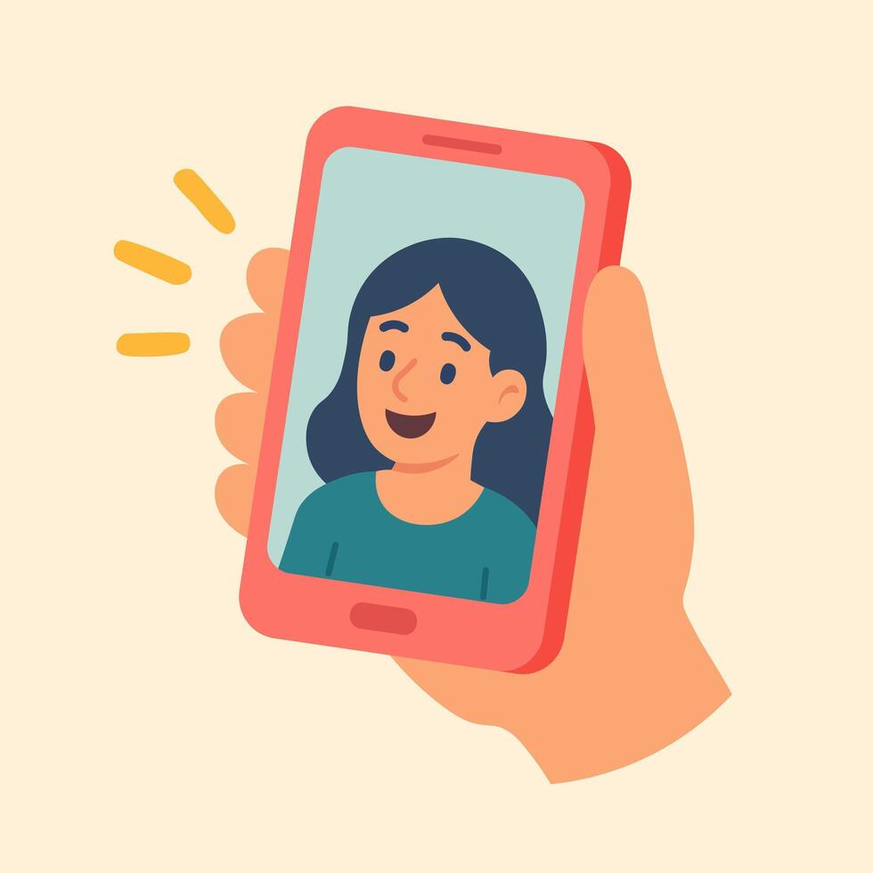 Flat of hand holding smartphone with girl's face on screen, symbolizing call and online communication. vector
