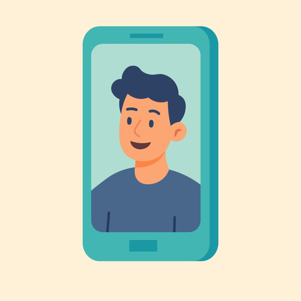 Flat illustration of male avatar on smartphone screen. Concept of mobile call, online communication, or chat. vector